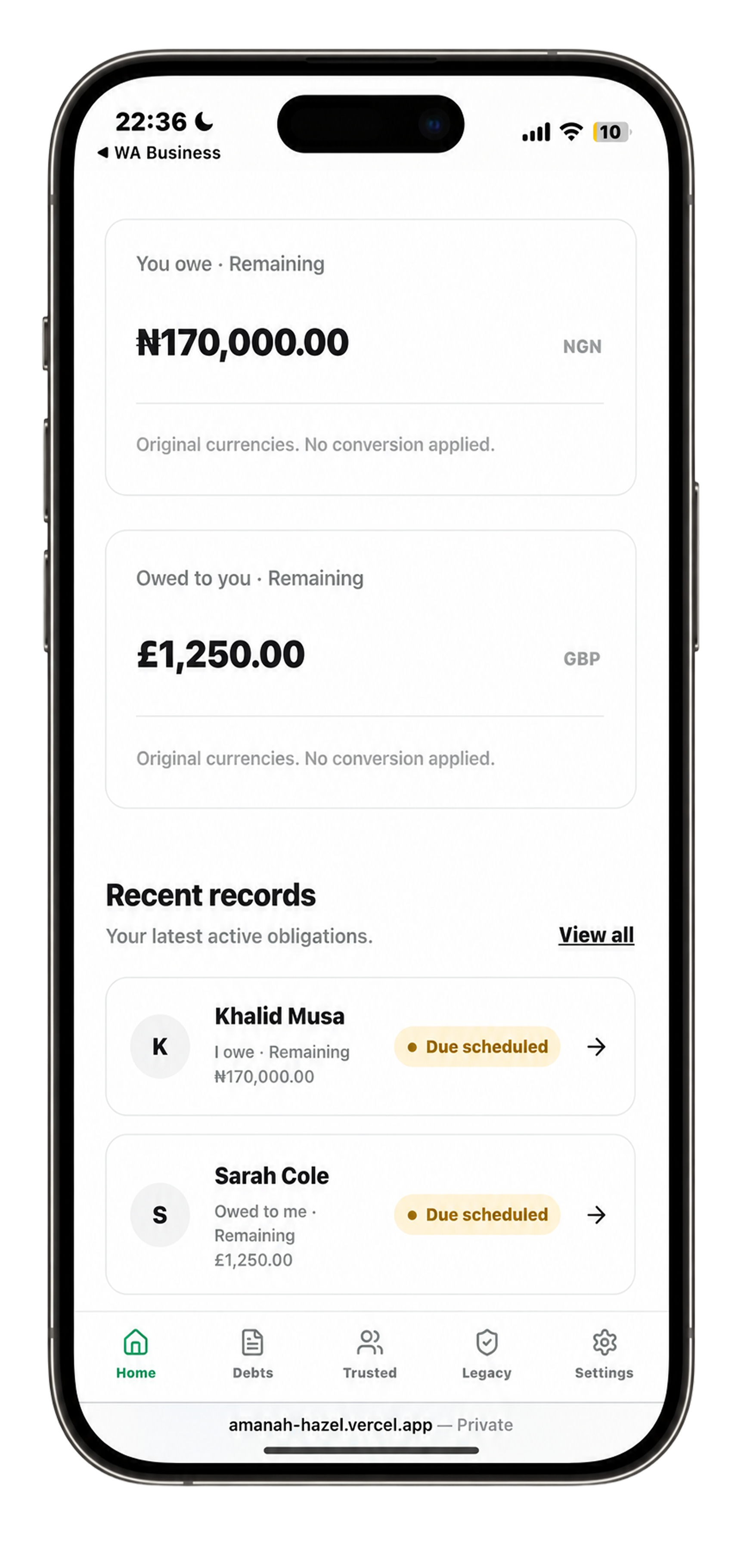 Amanah mobile dashboard showing private debt records